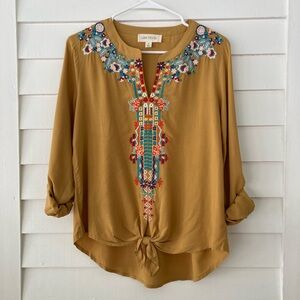 Luna Moon | Embroidered Boho Tie Front Blouse Mustard Size Small